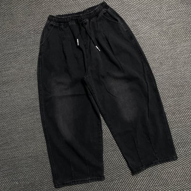 빈티지 흑청 투 턱 와이드 벌룬핏 밴딩 팬츠 y 5278