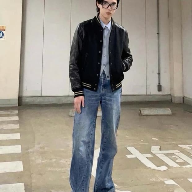 SHIPS JET BLUE  레더 믹스 울 바시티자켓