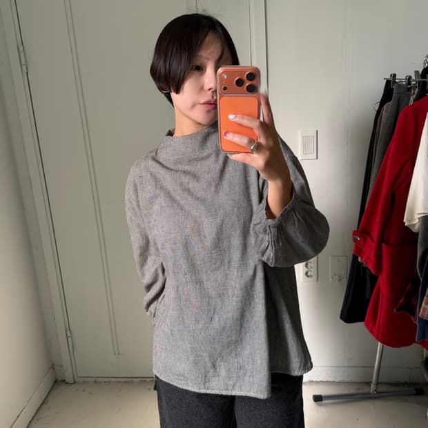 일본빈티지 그레이체크 버튼 블라우스