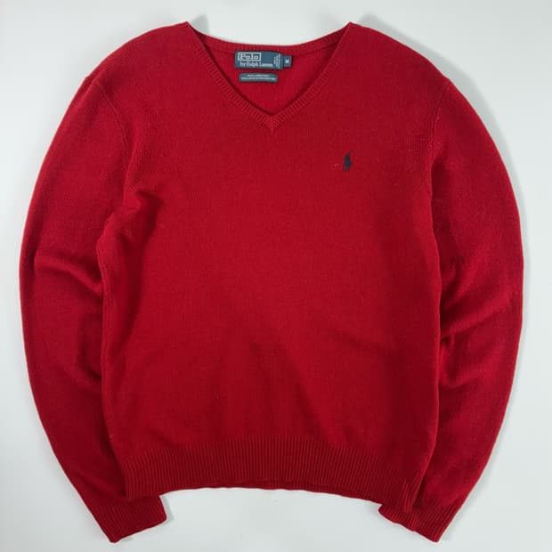 Polo  폴로 랄프로렌 자수 램스울 레드 브이넥 니트