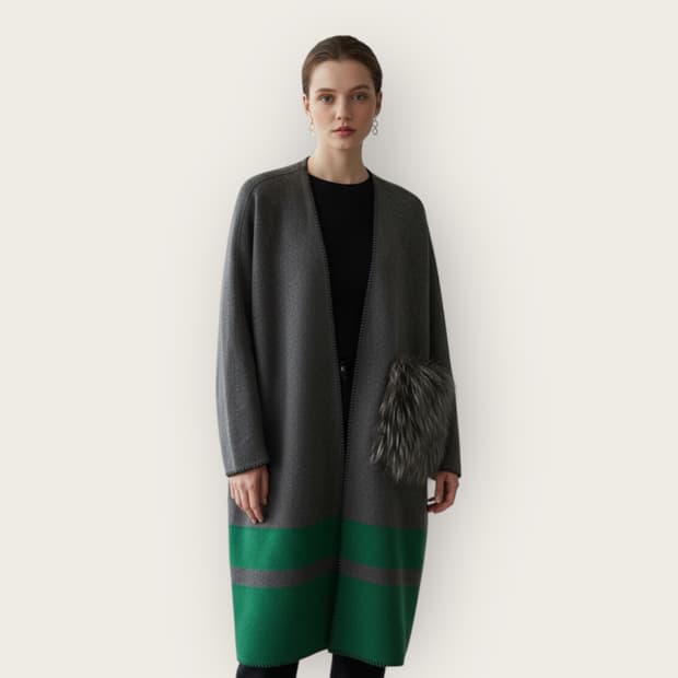 타임 캐시미어 폭스퍼 핸드메이드 롱가디건 자켓