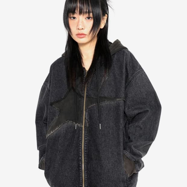 엑스톤즈 XTT061 빈티지 워싱 스타 데님 후드집업 다크 그레이