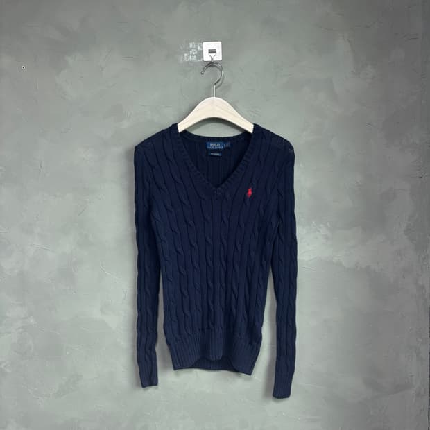 폴로 랄프로렌 피마코튼 꽈배기 브이넥 니트 네이비