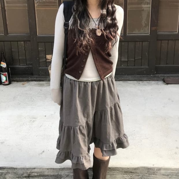 시즐 seezul 고더 프릴 스커트 브라운