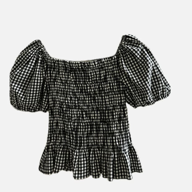 체크 오프숄더 블라우스