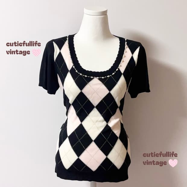 딸기우유 아가일 반팔 니트 탑