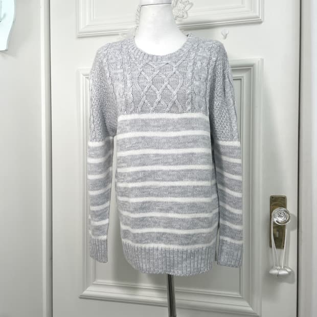 melange gray white stripe twist sweater