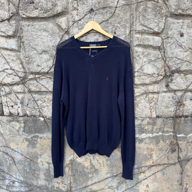 90s 폴로 랄프로렌 빈티지 브이넥 코튼 니트 네이비 L