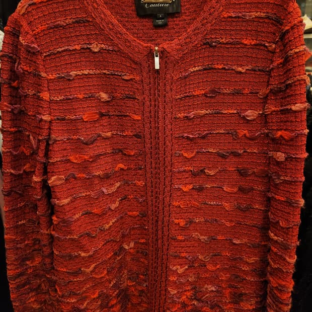 세인트존 꾸뛰르 레드 니트 쉬머 부클 지퍼 스웨터재킷