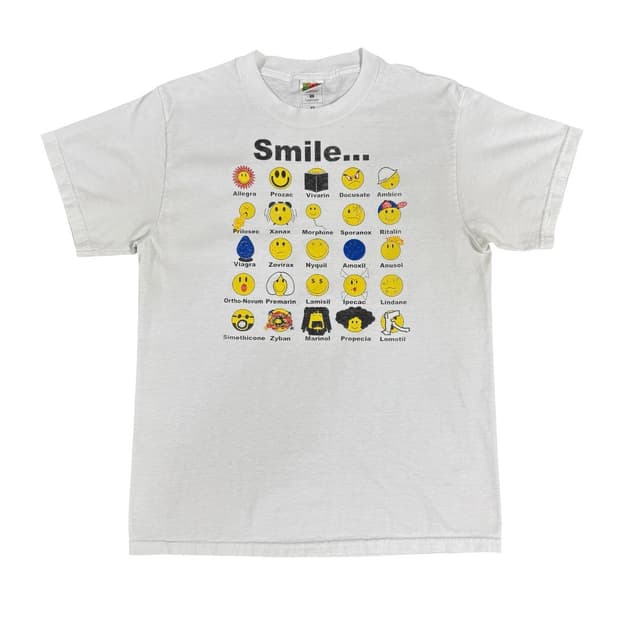 빈티지 90s Smile Drug 스마일 약물 그래픽 유머 티셔츠