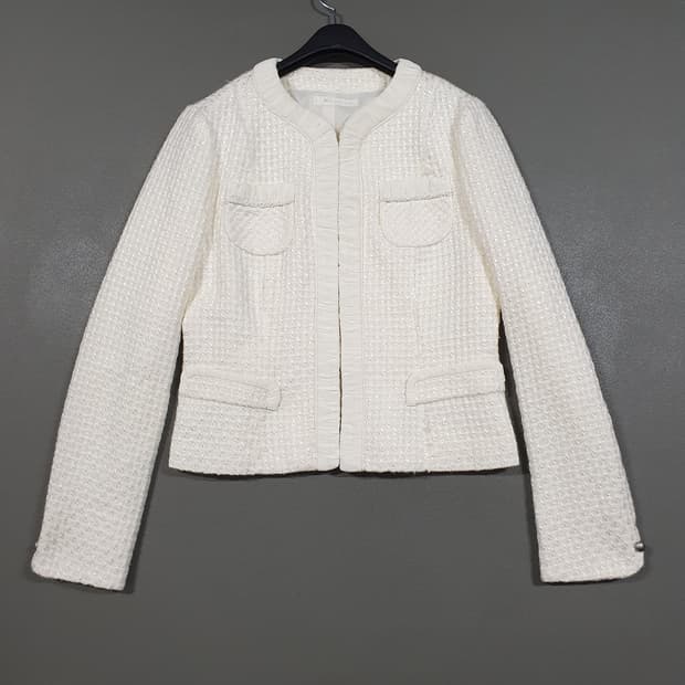 여성 S (90) 잇미샤 포켓 프린지 히든버튼 트위드 자켓 아이보리