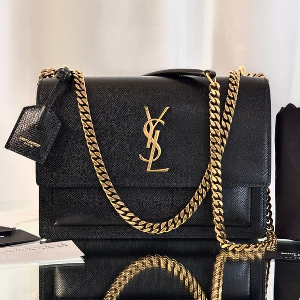 [정품] 입생로랑 선셋백 미디움 체인백 블랙골드 텍스타일 사피아노 레더 