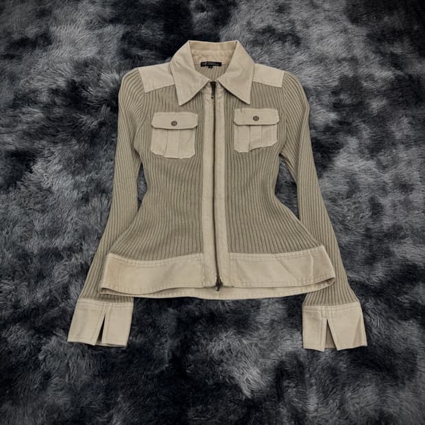 베이지 골지 포켓 드라이버스 니트카라집업