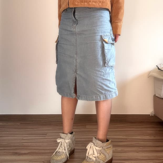 데님 카고 미디 스커트