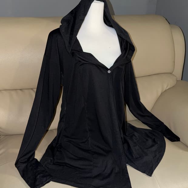 mesh layered hand-warmer hood cardigan