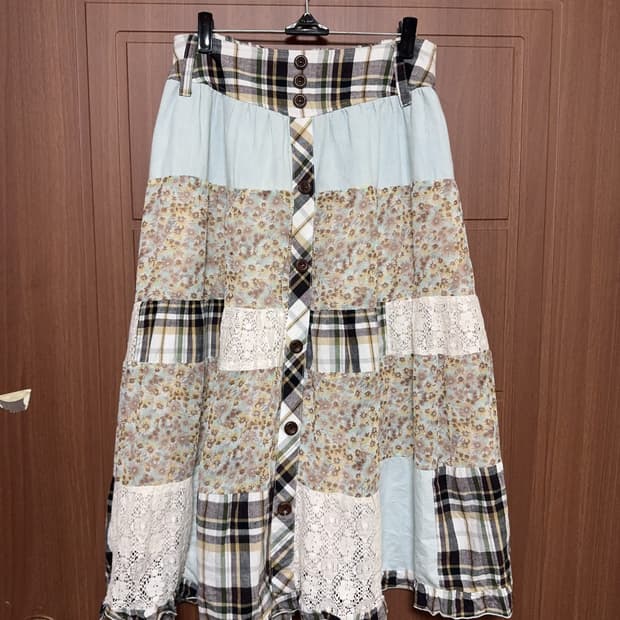 모리걸 하구미 일본 빈티지 체크 레이스 패치워크 롱 스커트