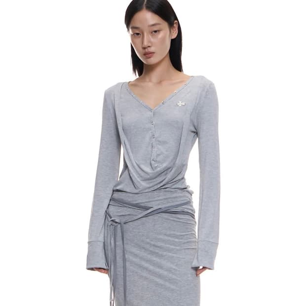 새상품) 2000아카이브스 드레이프드 헨리넥 탑 멜란지그레이