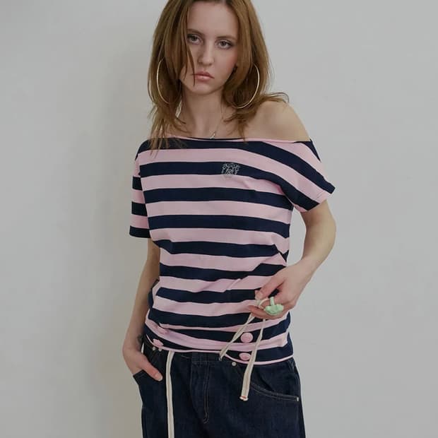 스컬프터 Button Stripe Tee Pink