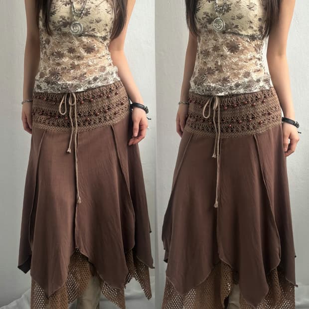 Brown Beaded Crochet Layered Skirt