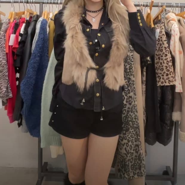 갸루 y2k 셔츠+퍼조끼 상의코디셋