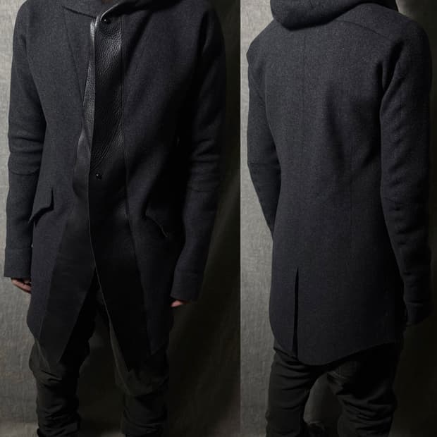Zeitgeist Leather Trim Hooded Wool Coat 