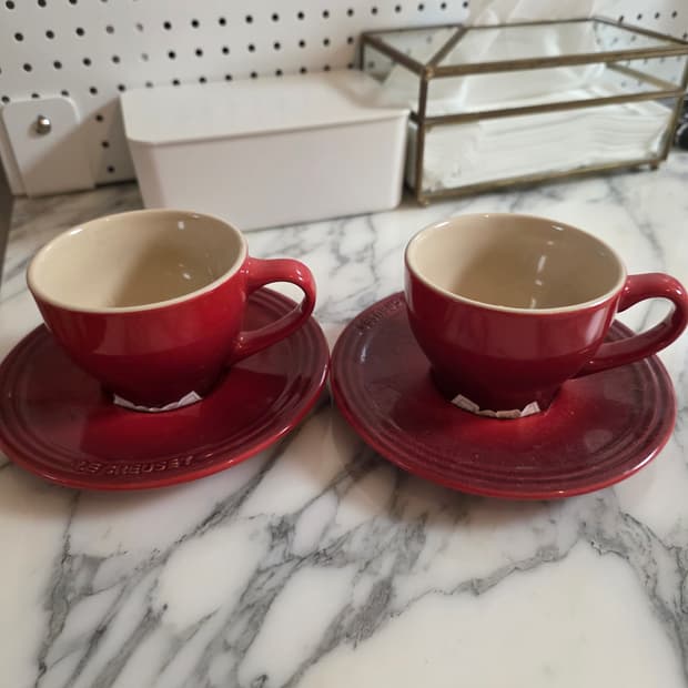 미사용 르크르제 찻잔 세트 커피잔 소서 2인조 2P 레드 르쿠르제