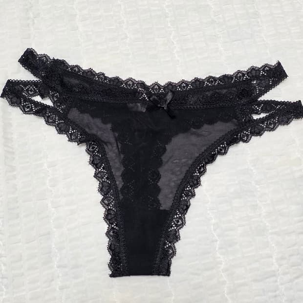 블랙 레이스 크로스 폴드 시스루 t팬티