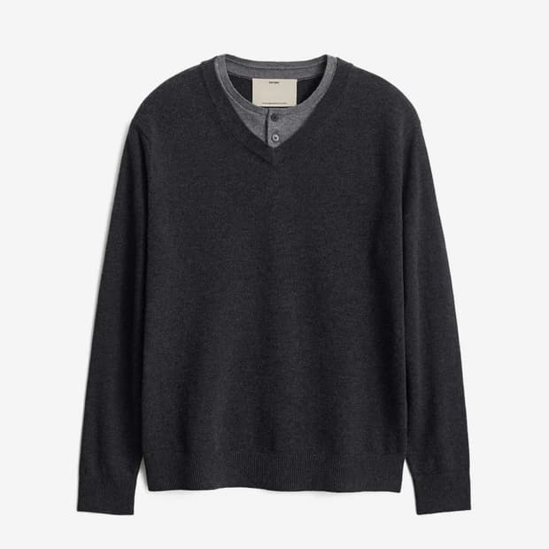 포터리(새상품) 더블 레이어드 헨리넥 니트 - 차콜 2XL 