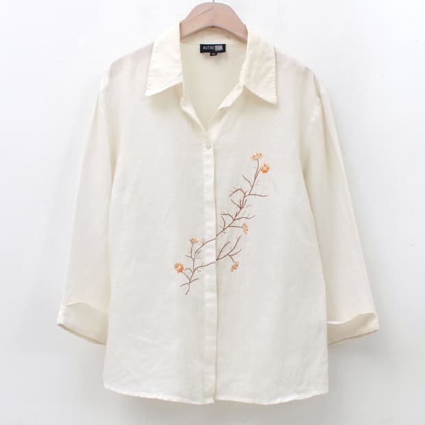 유럽 빈티지 라미 모시 플라워 자수 여름 화이트 셔츠 블라우스