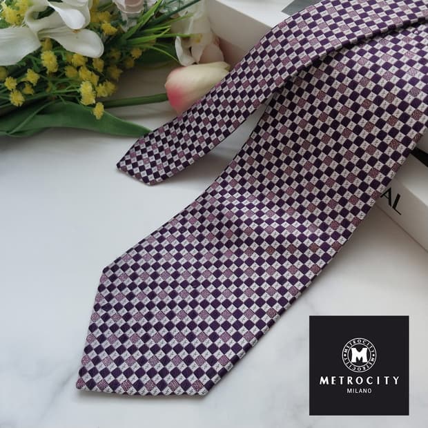 메트로시티 실크 퍼플 체크 자카드 넥타이 8.5cm A+등급 K934
