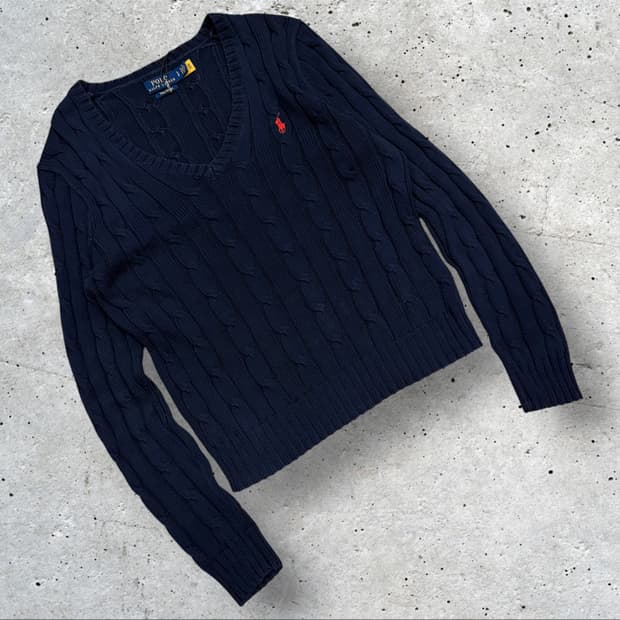 [S] 22s 폴로 랄프로렌 피마코튼 케이블 브이넥 니트 네이비 C789