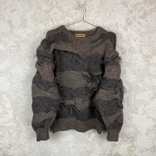 1970s 이세이 미야케 퍼 트리밍 웨이브 링클 울 스웨터