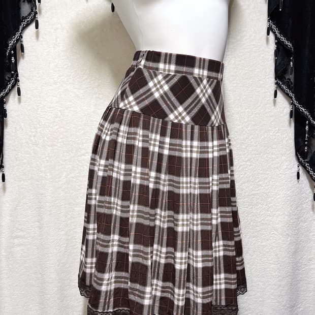 라떼갸루 엑팜깔 브라운 레이스 체크 플리츠스커트 치마 로맨틱 핀터 모리