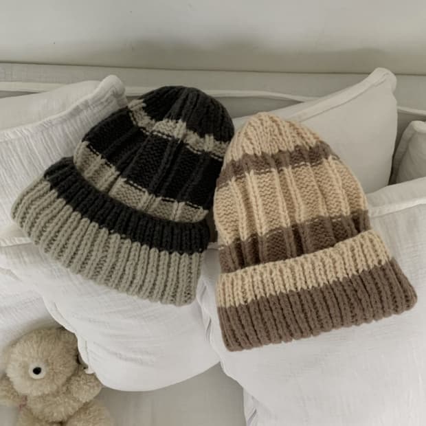 줄무늬 왕골지 배색 니트 비니 모자 (새상품)