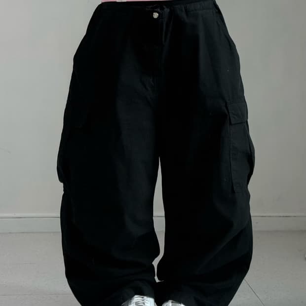 오오티 블랙 와이드 카고팬츠 
