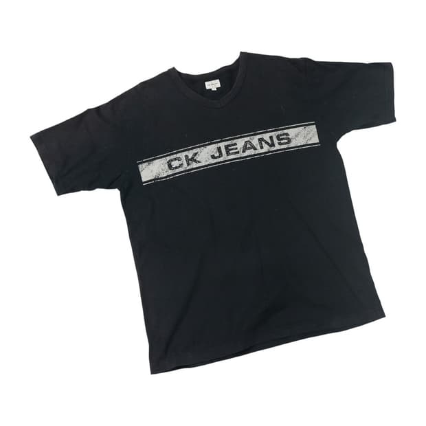 캘빈클라인 진 빈티지 크랙 로고 블랙 브이넥 반팔 티셔츠