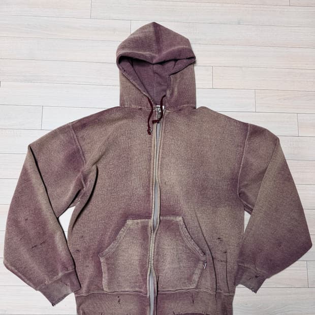 80s 러셀 디스트레드 후드집업 더스티 퍼플/브라운 OS USA