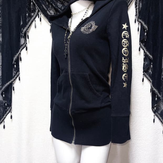 에고이스트 오네갸루 펑크 y2k 와투케 레터링 큐빅 날개 후드집업 원피스