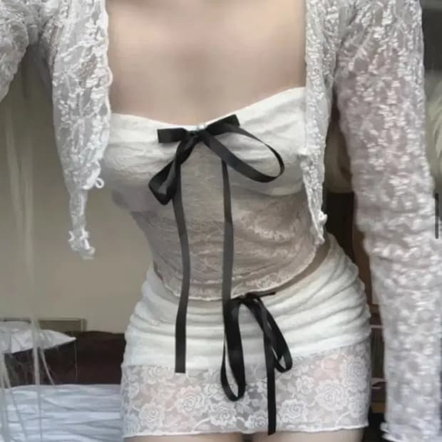 스젠 레이스 투피스 셋업 (새거) 리본 튜브탑 미니스커트 화이트