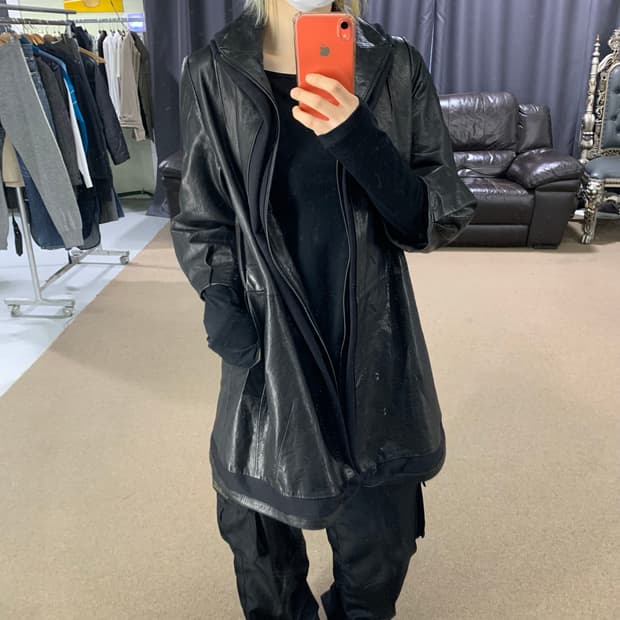 빈티지 블랙 리얼레더 후드st 집업 배색 롱 양가죽자켓 남녀공용 하프코트