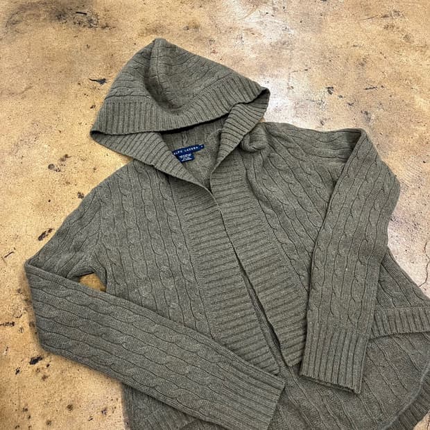 폴로 랄프로렌 카키 꽈배기 니트 후드 가디건 