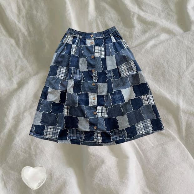 JPN . 재팬 빈티지 우드버튼 패치워크 스커트