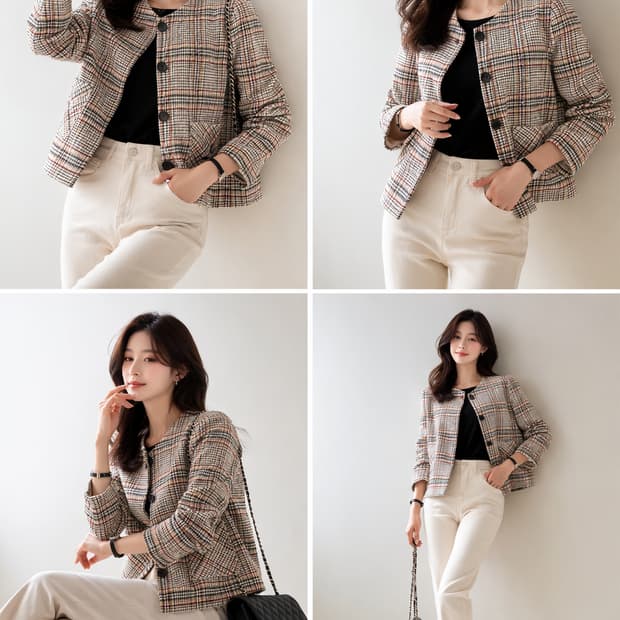 미쏘(MIXXO) 노칼라 라운드 체크 트위드 자켓