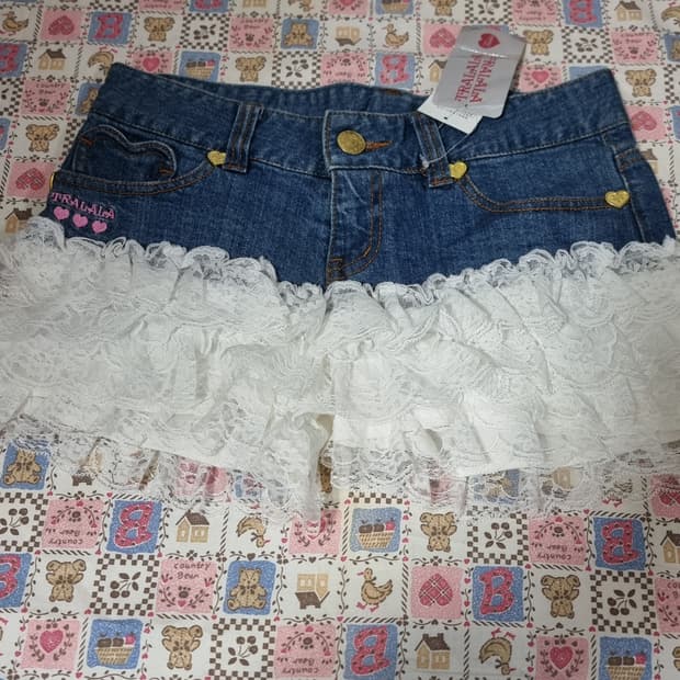 트랄라라(TRALALA) 레이스 프릴 데님 큐롯팬츠