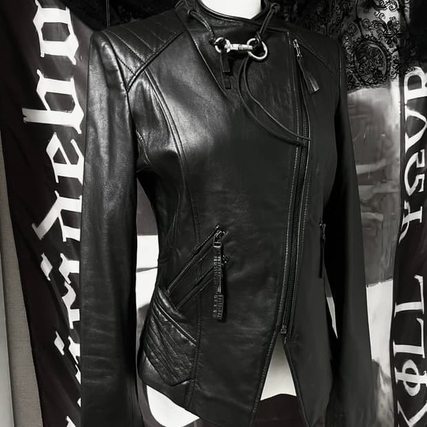 ITALY Sheepskin 릭오웬스맛 비대칭사선지퍼 슬림 레더자켓 블랙