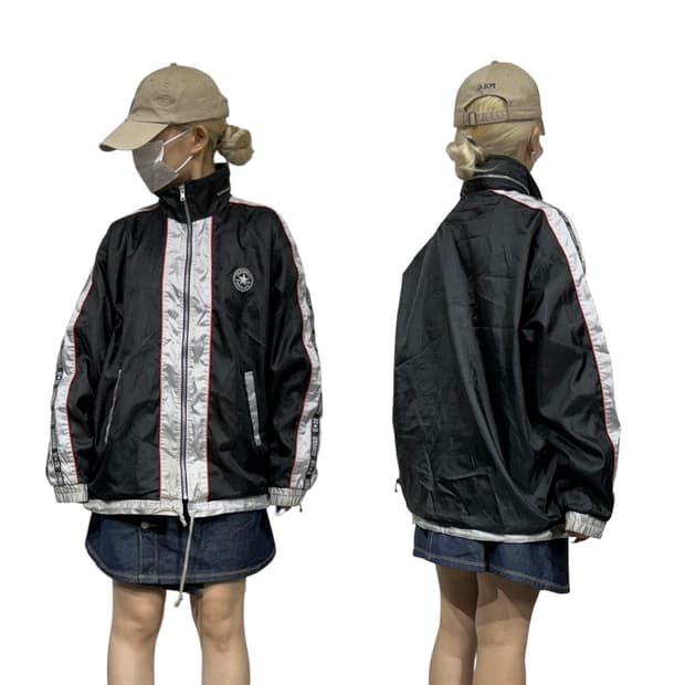 컨버스 블랙 화이트 사이드 라인 오버핏 바람막이 트랙 자켓 S