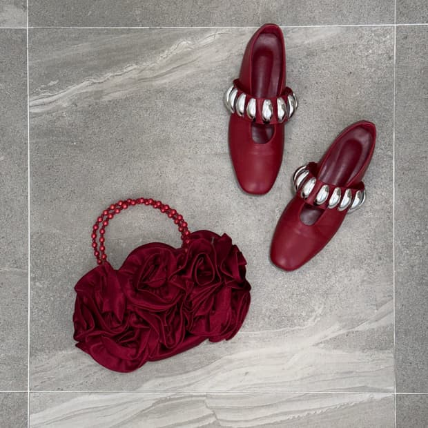 Burgundy satin rose pearl hand bag