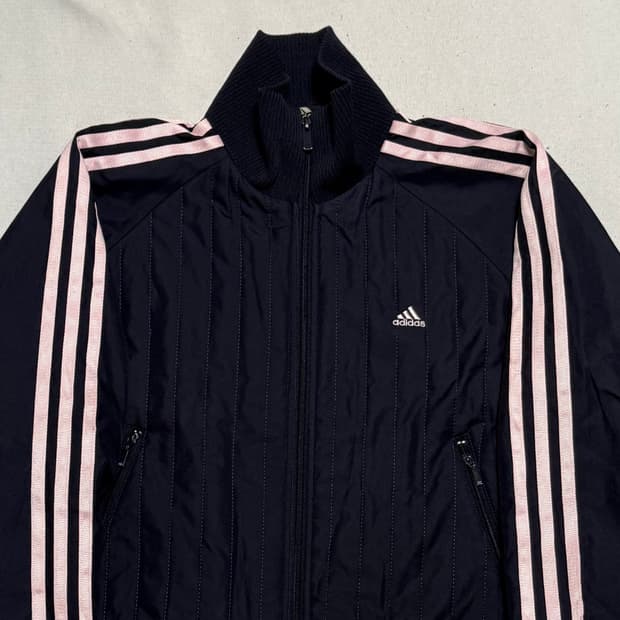 85 아디다스 핑크 삼선 네이비 패딩 트랙탑