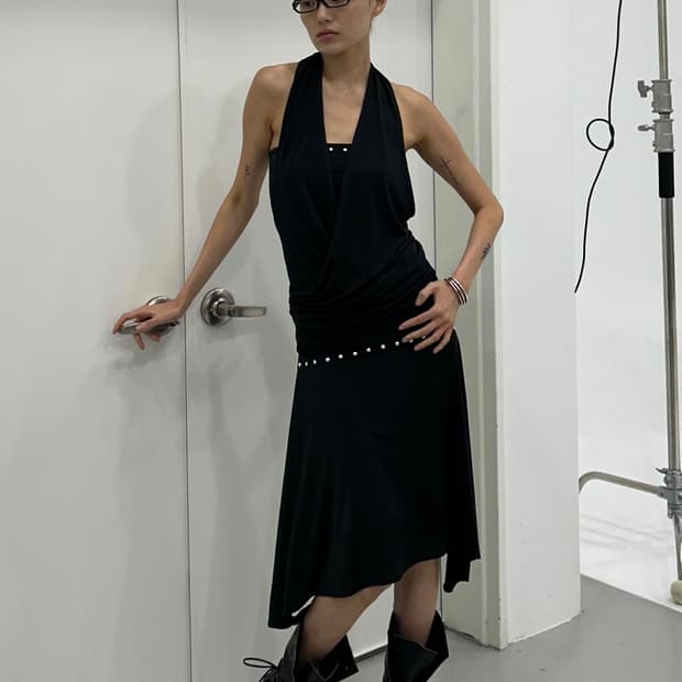 Kashiko Stud Drape Flare Skirt Black