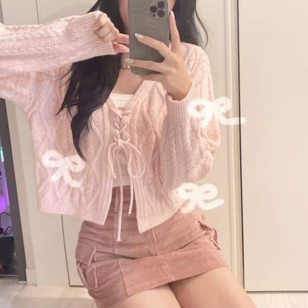 은링 모아 울 꽈배기 리본 니트 가디건 딸기핑크